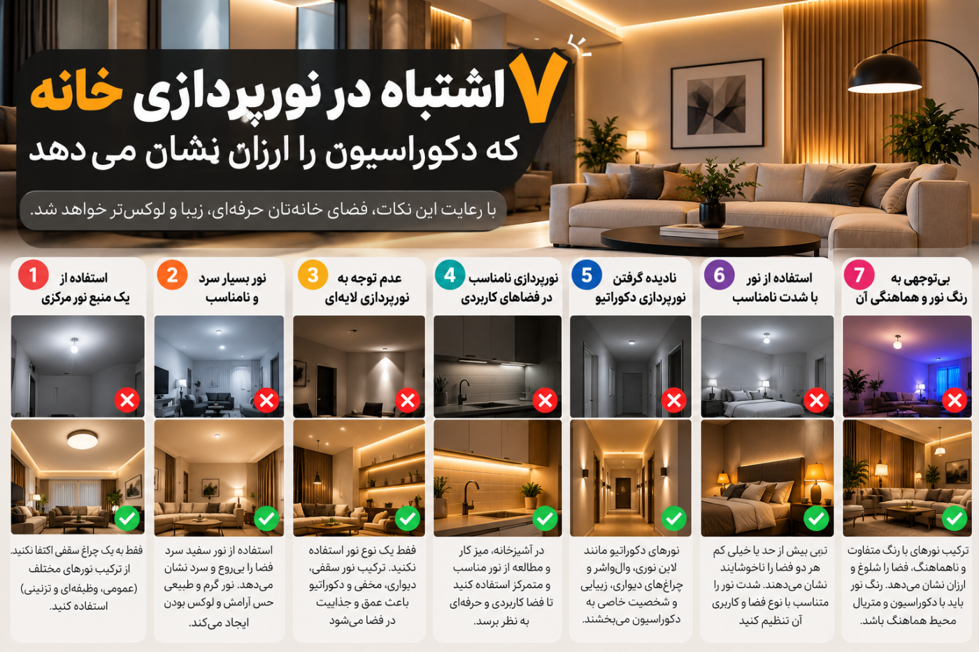 ۷ اشتباه در نورپردازی خانه که دکوراسیون را ارزان نشان می‌دهد